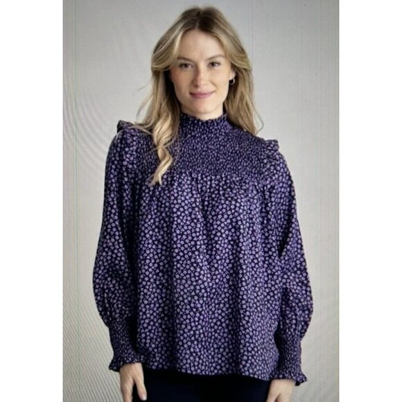 Barbour Womens Midhurst Shirt Top Purple Multi Floral Long Sleeve Mock Neck Sz 6 - Picture 1 of 15